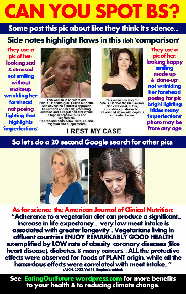Comparison Compare Contrast Vegetarian Vegan vs Meat Diet People The Gillian McKeith Nigella Lawson picture meme scam exposed rebuttal reply lies plant foods healthier healthiest humans reduce aging look younger more beautiful longer